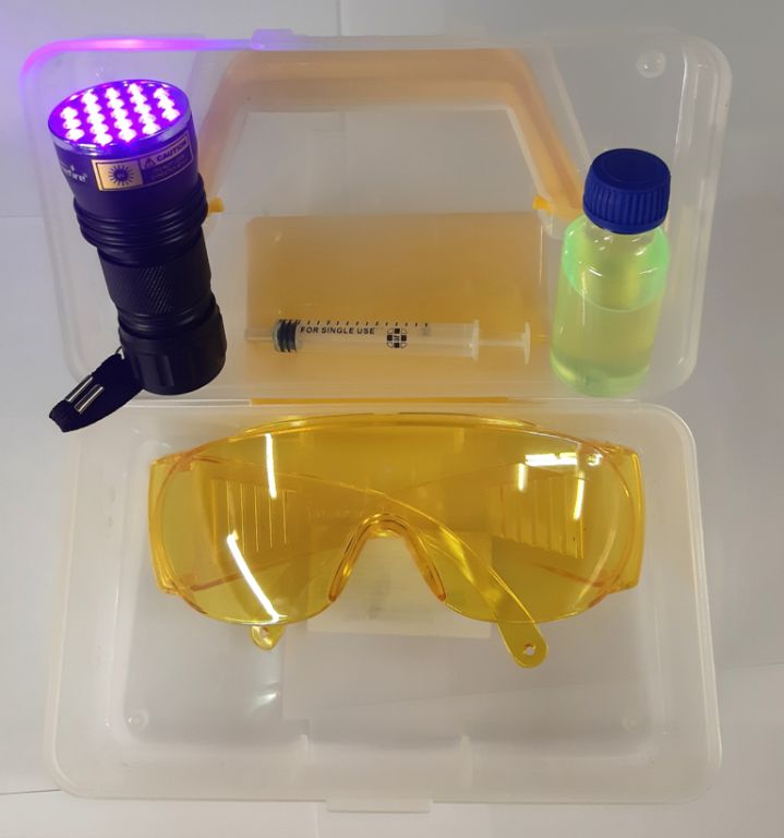 Набор для обнаружения утечек: УФ фонарь + защитные очки + дымовая жидкость УФ 30 мл